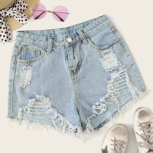 Distressed Frayed High-Rise Denim Shorts